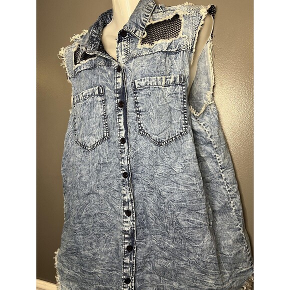 Thrill Jeans Shirt Dress Womens 1X Blue Denim Sleeveless Distressed Hi Low Mesh - Picture 4 of 10